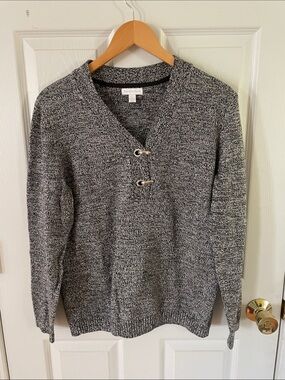 Charter Club Black & White Marled V-Neck Sweater with Toggle Detail